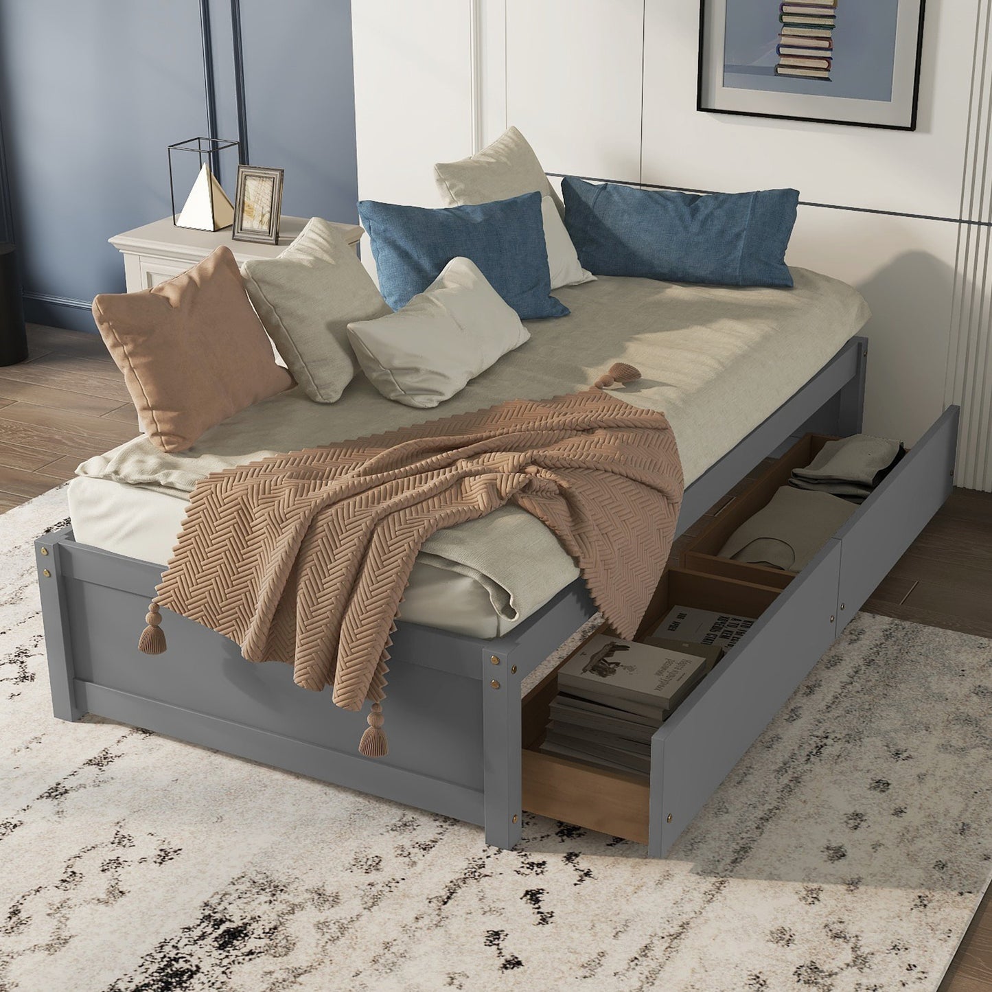 Twin Bed with 2 Drawers, Solid Wood, No Box Spring Needed ,Grey(Old SKU:W50422208)