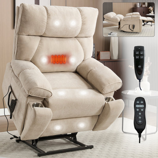 Beige Heat Massage Dual Motor Infinite Position Up to 350 LBS Large Electric Power Lift Recliners with Hidden Cup Holders, Power-Remote, Medium-firm and Heavy Duty