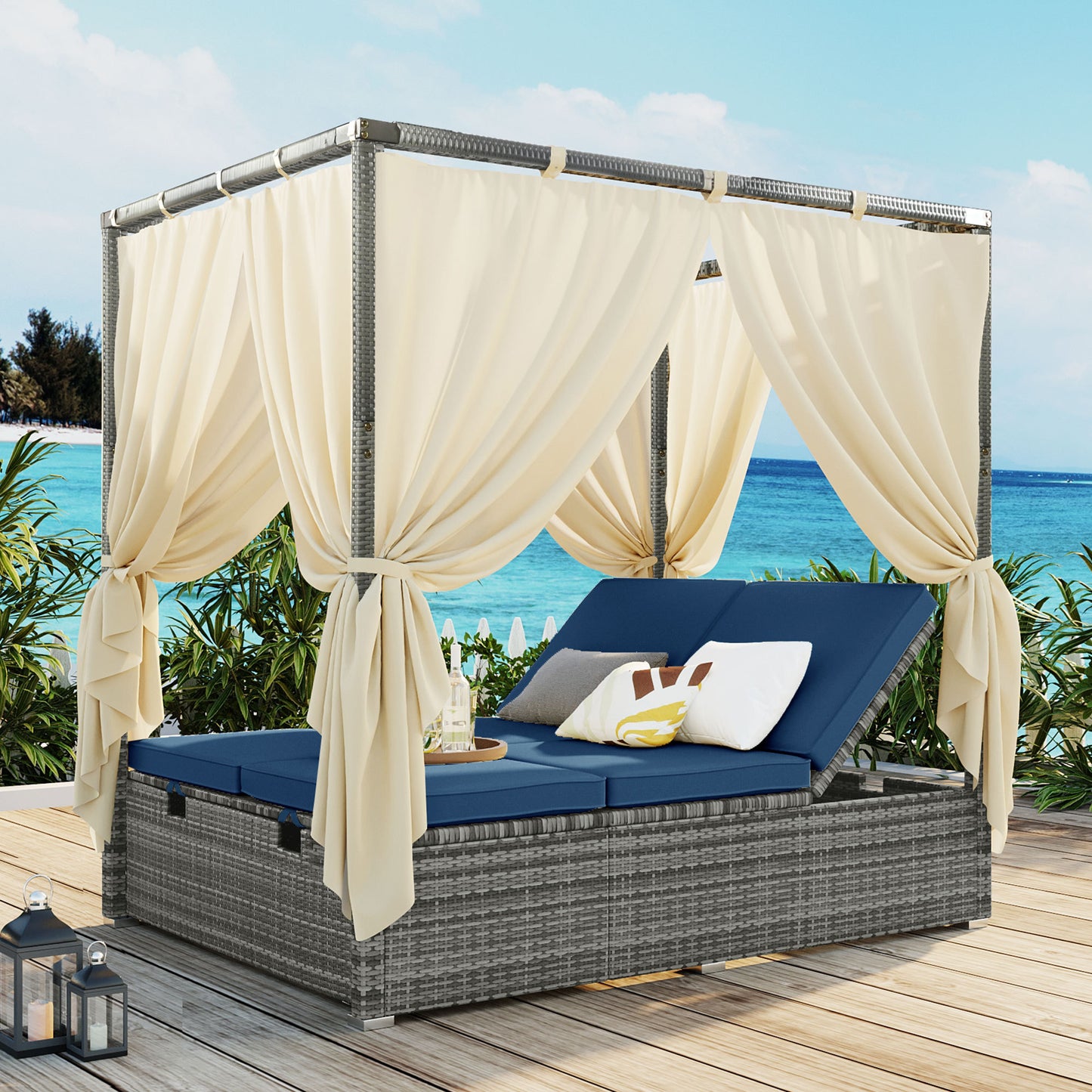 U_Style Adjustable Sun Bed With Curtain,High Comfort,With 3 Colors