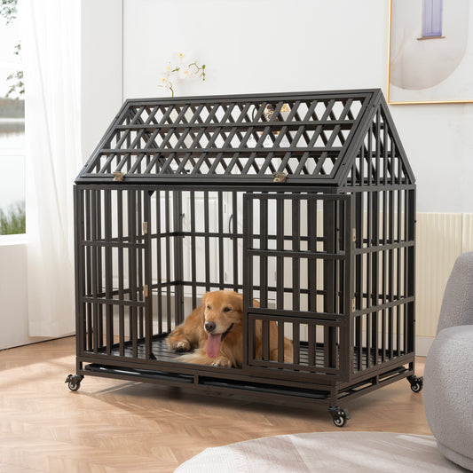 Heavy Duty Dog Cage  pet Crate with Roof & window on roof