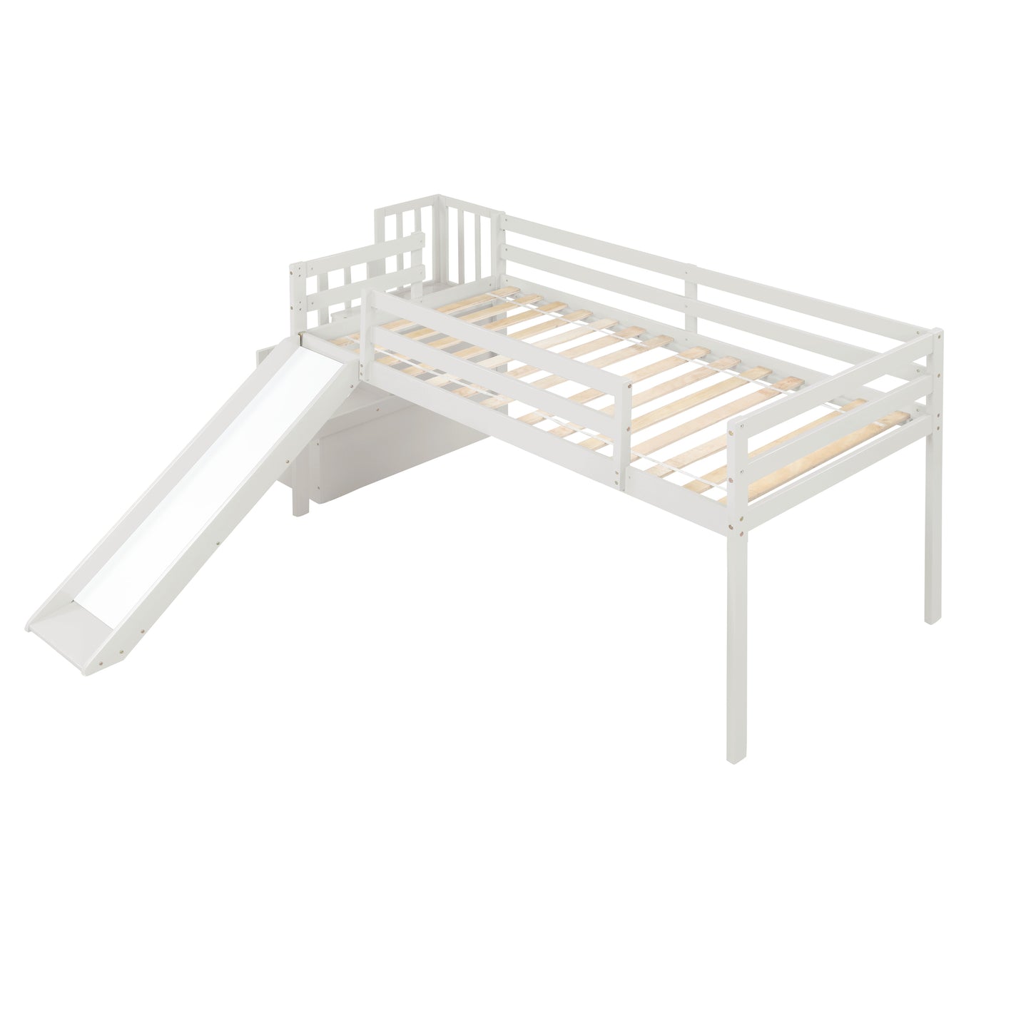 Loft Bed with Staircase, Storage, Slide, Twin size, Full-length Safety Guardrails, No Box Spring Needed, White (Old Sku:W504S00004)