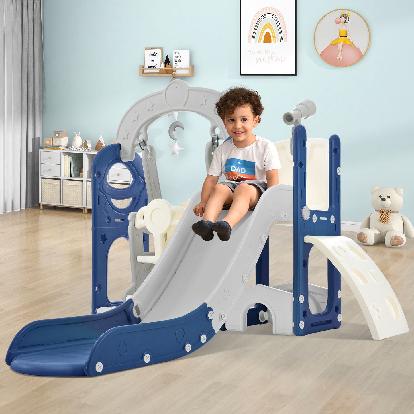 Toddler Slide and Swing Set 5 in 1, Kids Playground Climber Slide Playset with Telescope, Freestanding Combination for Babies Indoor & Outdoor