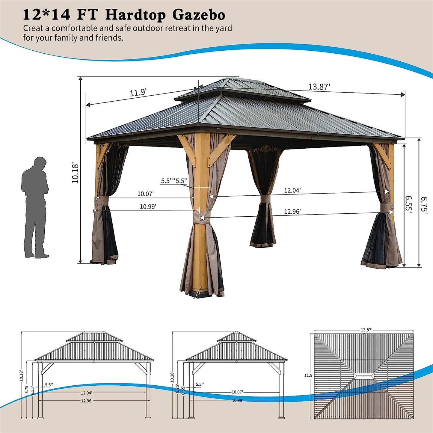 12'x14' Hardtop Gazebo, Outdoor Cedar Wood Frame Canopy with Galvanized Steel Double Roof, Outdoor Permanent Metal Pavilion with Curtains and Netting for Patio, Backyard and Lawn(Brown)