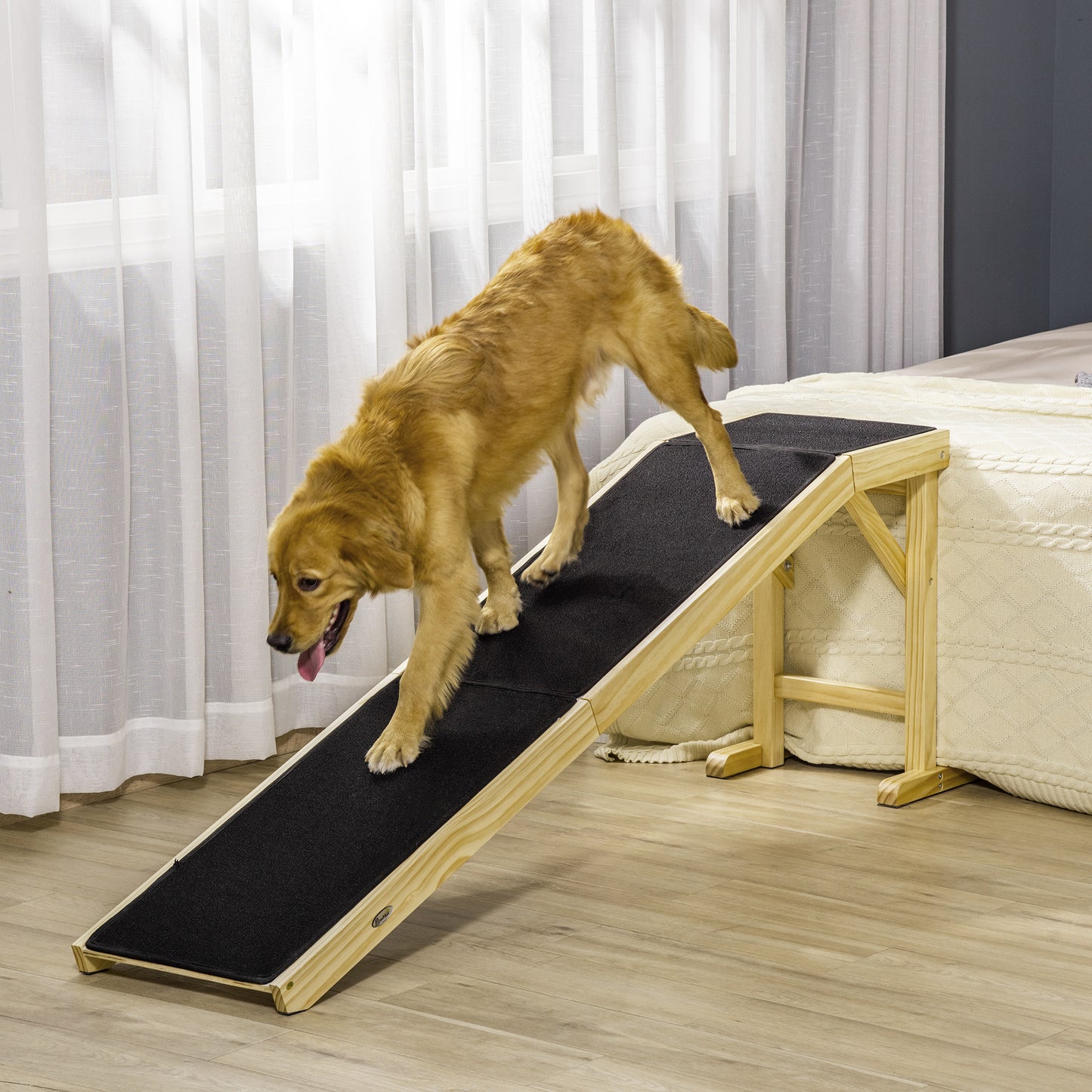 PawHut Dog Ramp for Bed, Pet Ramp for Dogs with Non-Slip Carpet and Top Platform, 74" x 16" x 25", Natural