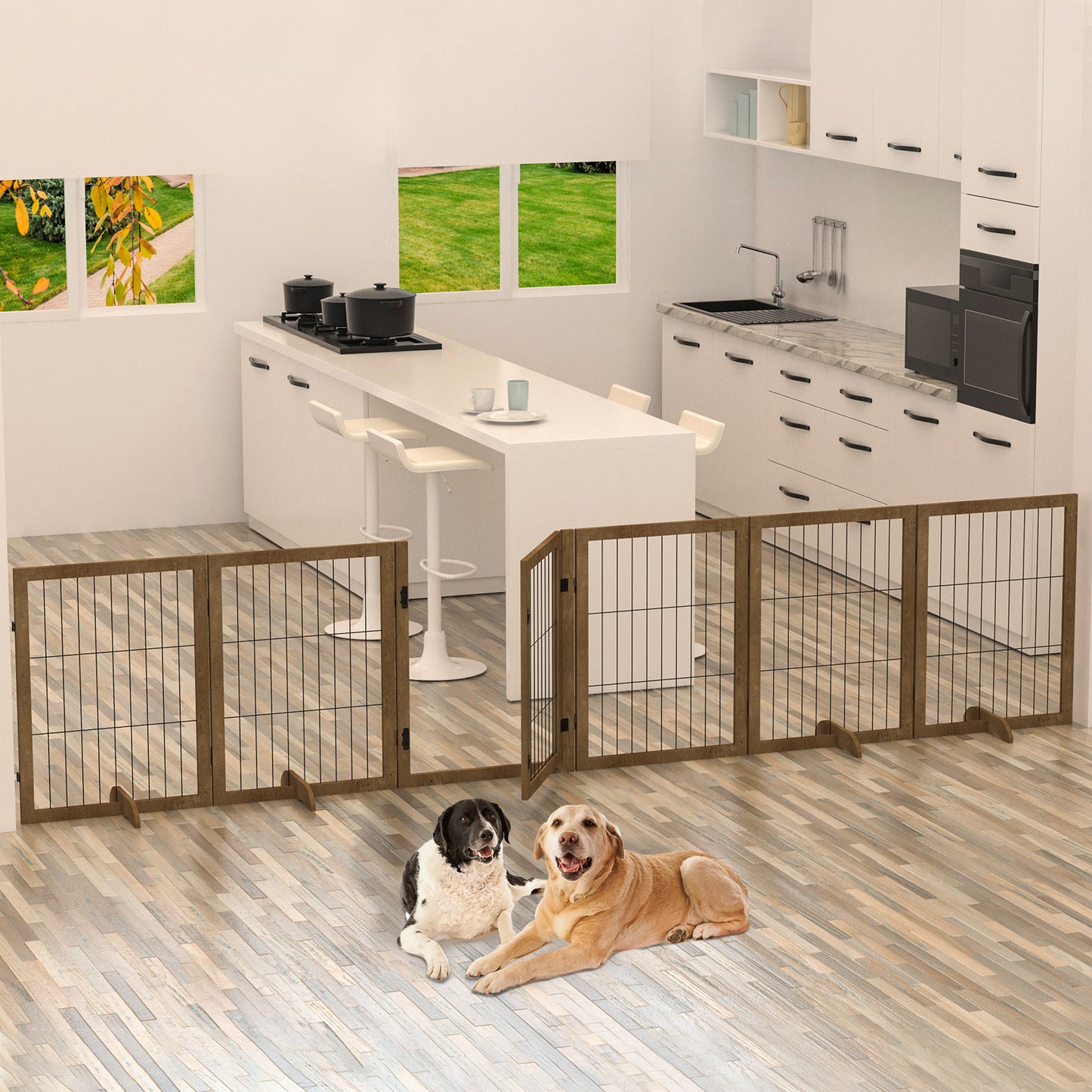 Dog Gate with Door Pet Dog Fence Barrier 6 Panels 144-inch Wide 32-inch Tall Foldable Multiple Shapes Freestanding with Support Feet Indoor Use for House Doorway Stairs Plant Stand