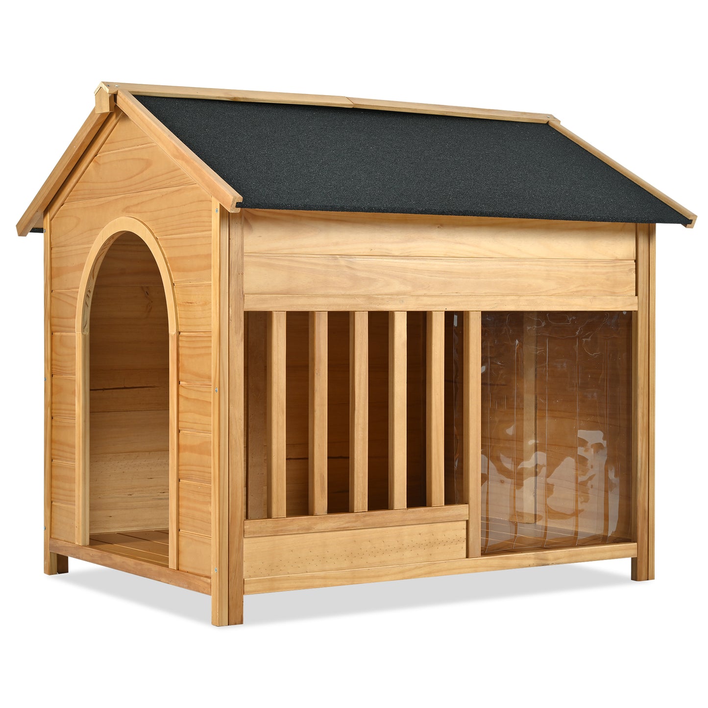 60.2" Large Wooden Dog House with Porch, Cabin Style Dog Crate with Asphalt Roof and Elevated Floor, Dog Kennel with Side Window and Doors, Perfect for Medium & Large Dogs, Nature