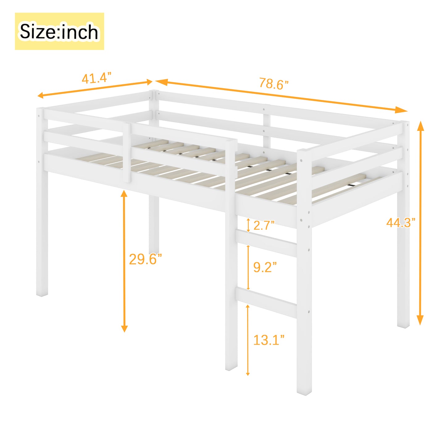 Solid Wooden, Rubber Wooden Twin Loft Bed with Ladder, Bed Platform of Strengthened Slats , White