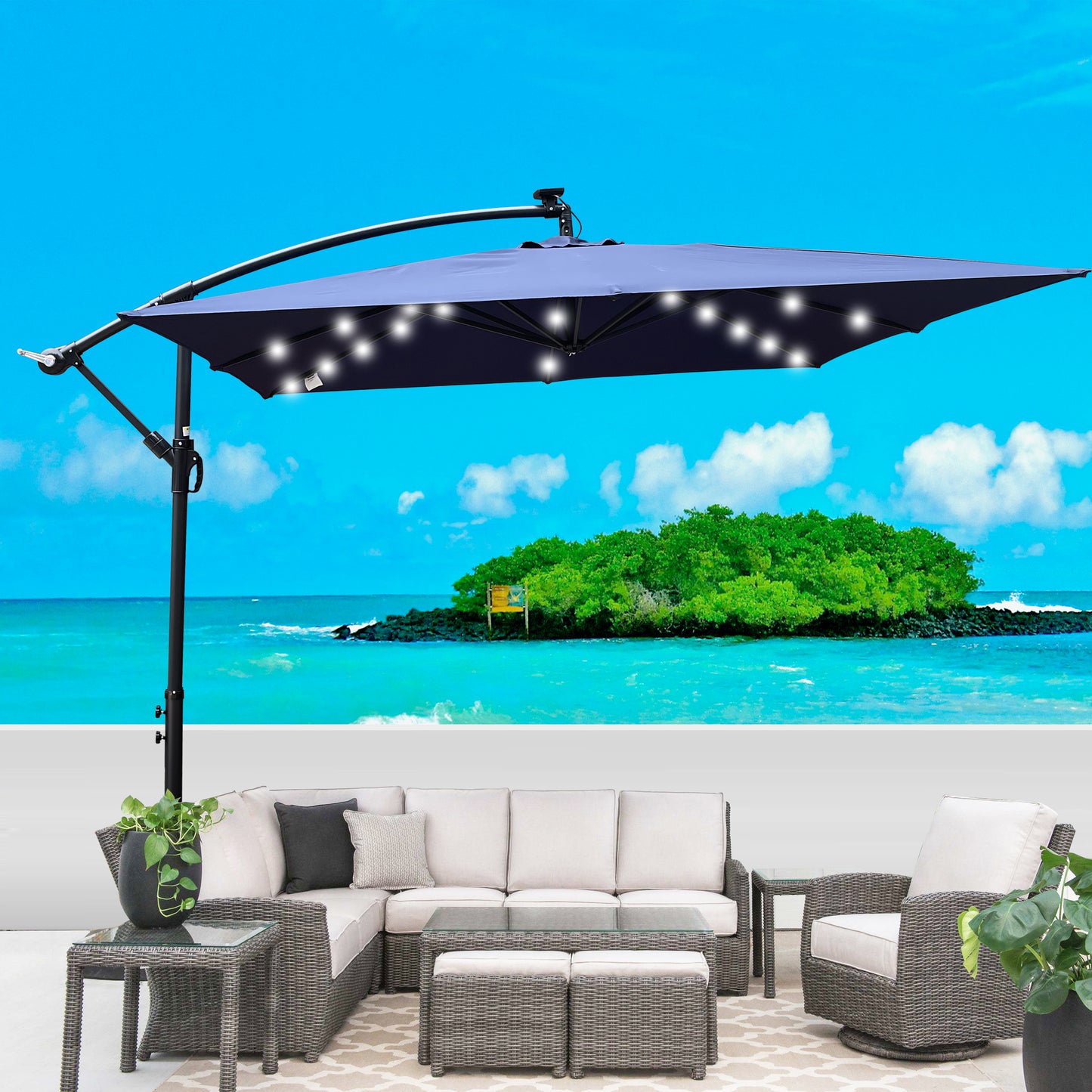 Square 2.5X2.5M Outdoor Patio Umbrella Solar Powered LED Lighted Sun Shade Market Waterproof 8 Ribs Umbrella with Crank and Cross Base for Garden Deck Backyard Pool Shade Outside Deck Swimming Pool