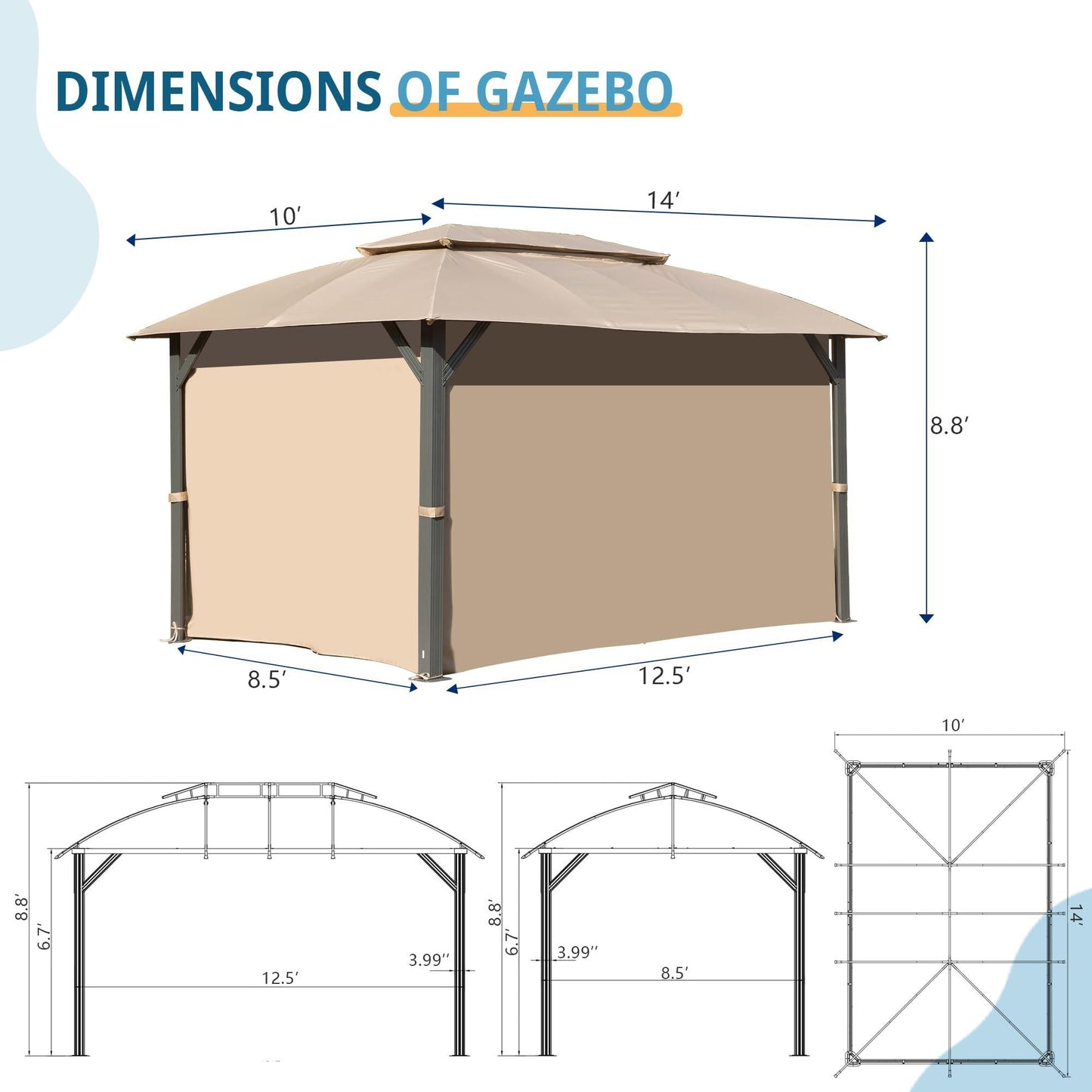 Gazebo 10x14FT, Outdoor Gazebo with Double Roofs, Privacy Curtains, Mosquito Nettings, Heavy Duty Metal Frame Party Tent Canopy for Patio, Backyard, Deck, Lawn, Brown