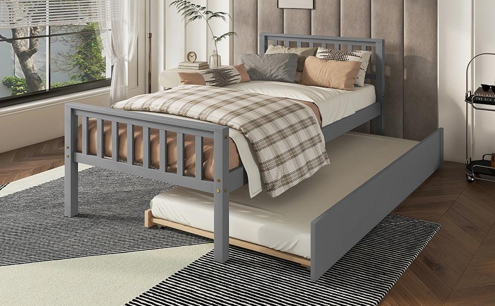 Twin Bed with Trundle, Platform Bed Frame with Headboard and Footboard, for Bedroom Small Living Space,No Box Spring Needed,Grey(Old SKU:W50422210)