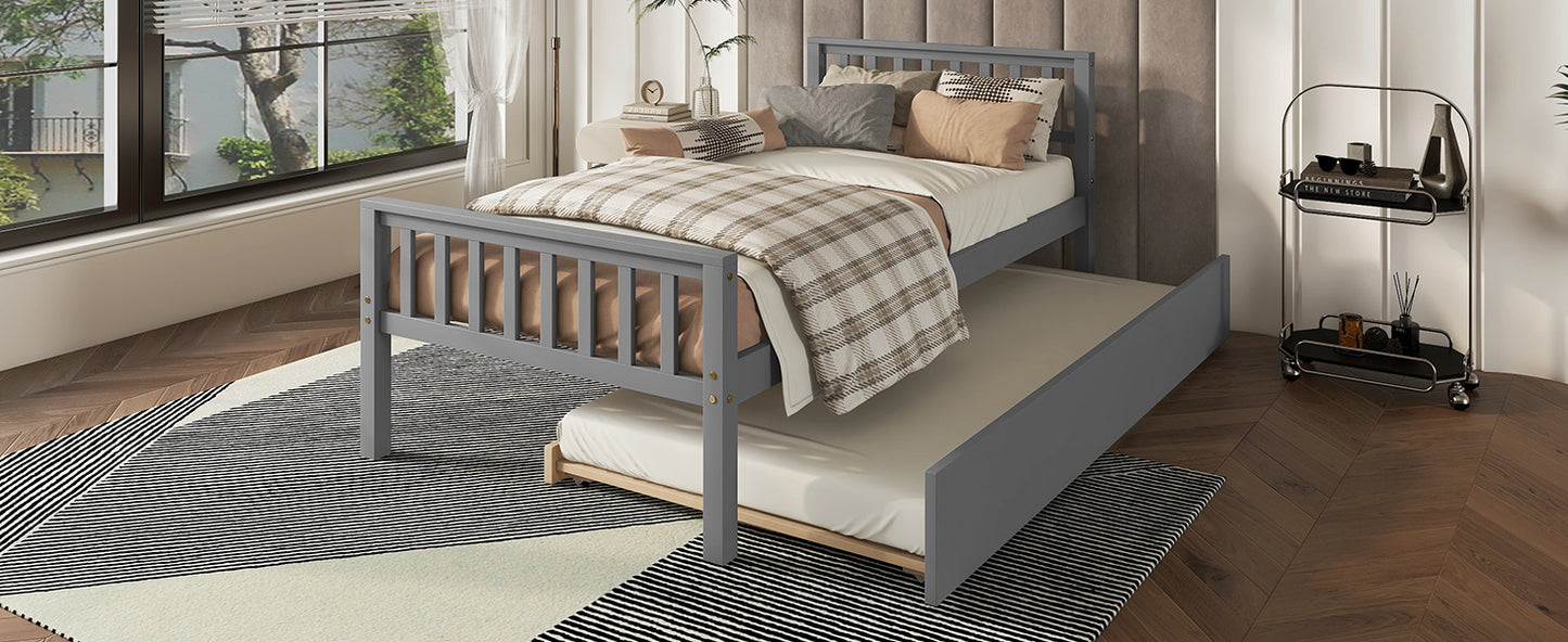 Twin Bed with Trundle, Platform Bed Frame with Headboard and Footboard, for Bedroom Small Living Space,No Box Spring Needed,Grey(Old SKU:W50422210)