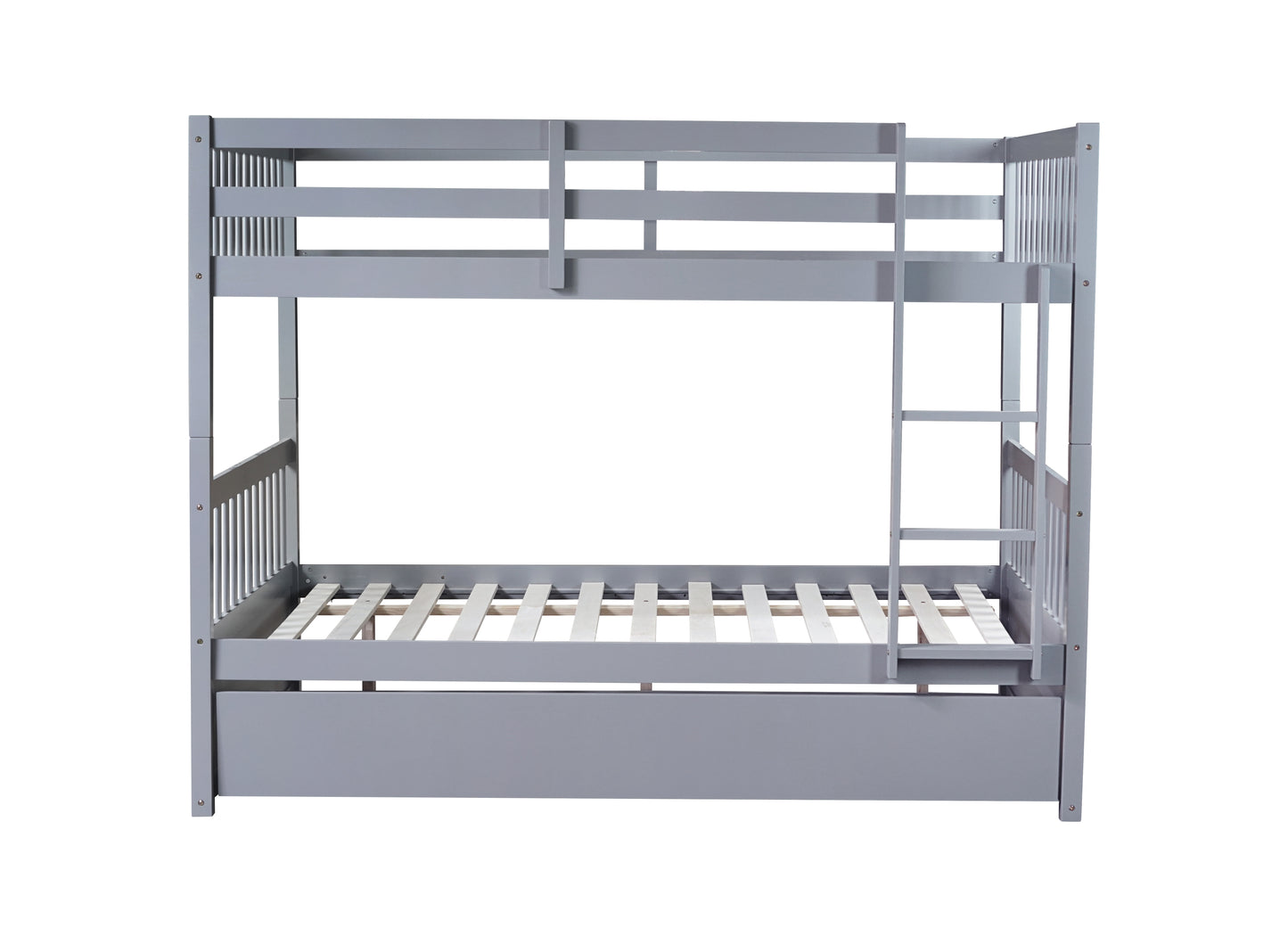 Full Over Full Rubber Wood Bunk Bed with Trundle, Ladder and Guardrails, Convertible to 2 Full Size Beds, with Twin Size Trundle ,Grey(Old Sku:W504S00250)