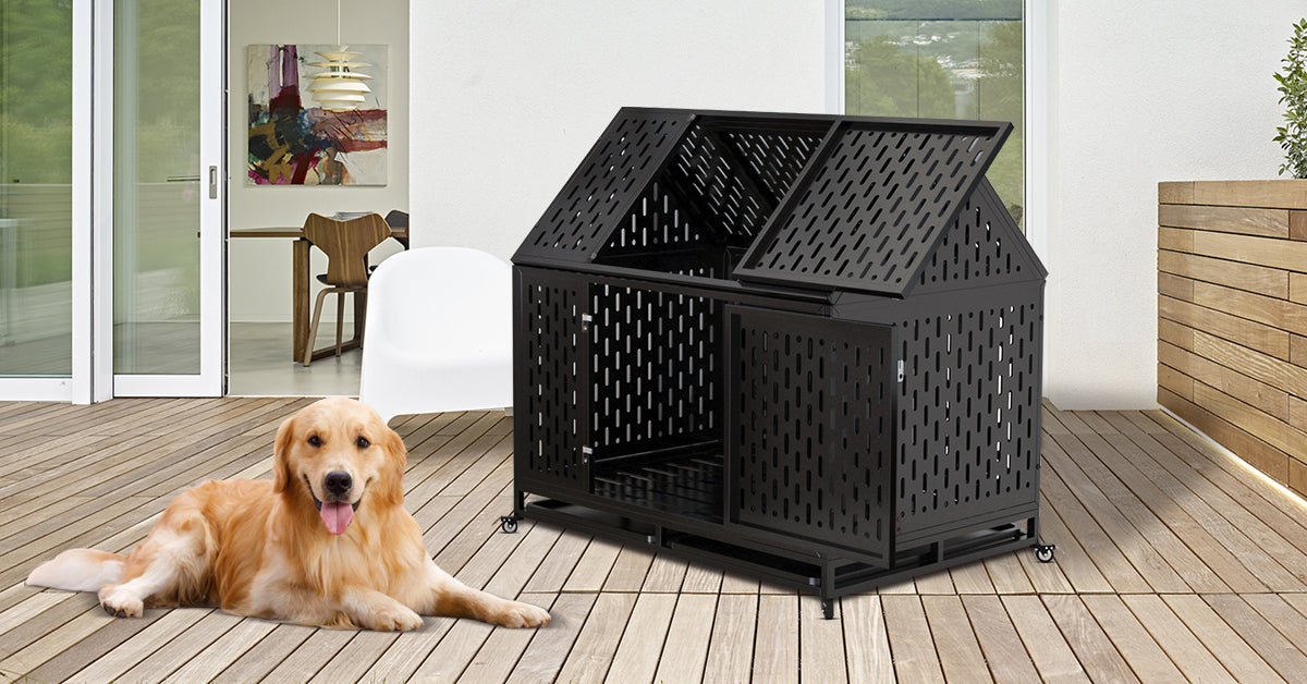 45" Heavy Duty Dog Crate 45 inch Durable Pet Dog Cage Crate Kennel with Roof Top 2 Doors Removable Trays, Lockable Wheels, Escape-Proof for High Anxiety Large/Extra Dogs