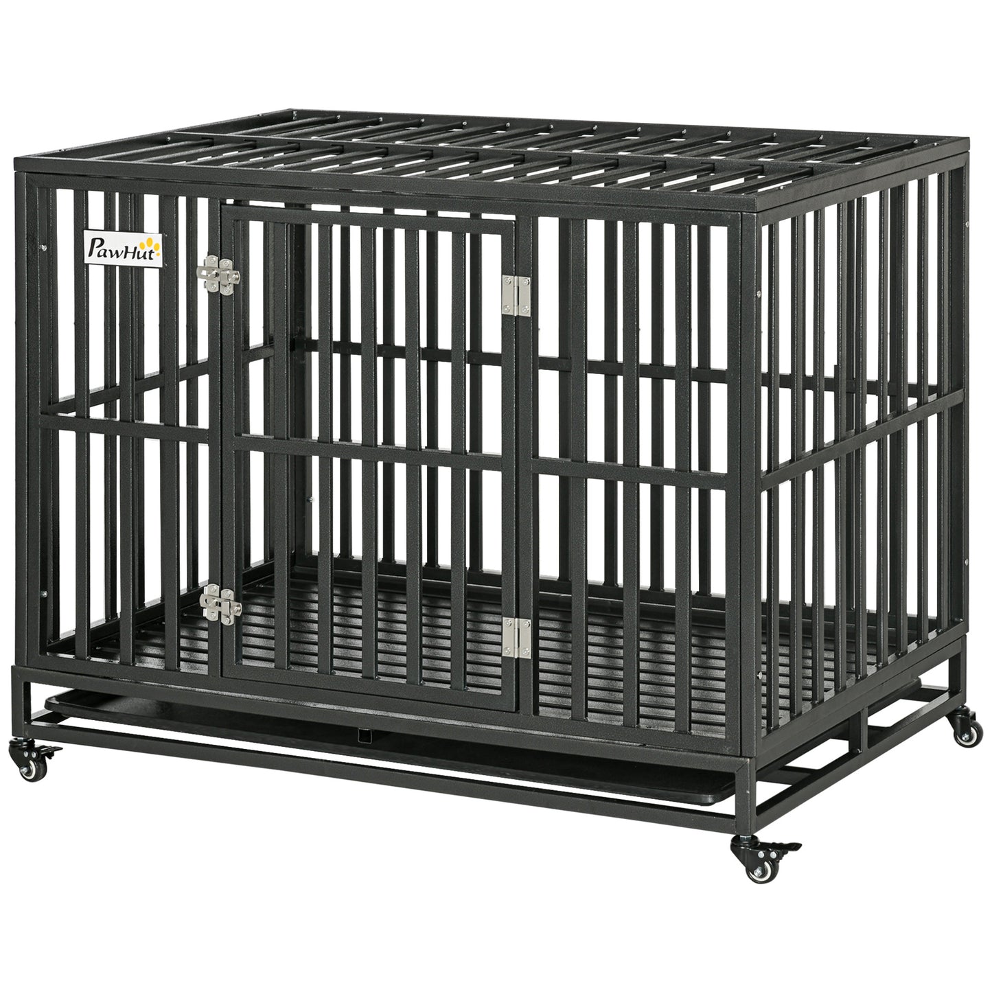 PawHut Heavy Duty Dog Crate Metal Kennel and Cage Dog Playpen with Lockable Wheels, Slide-out Tray and Anti-Pinching Floor, 45" x 29.5" x 35"