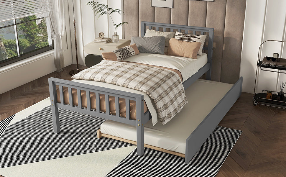 Twin Bed with Trundle, Platform Bed Frame with Headboard and Footboard, for Bedroom Small Living Space,No Box Spring Needed,Grey(Old SKU:W50422210)