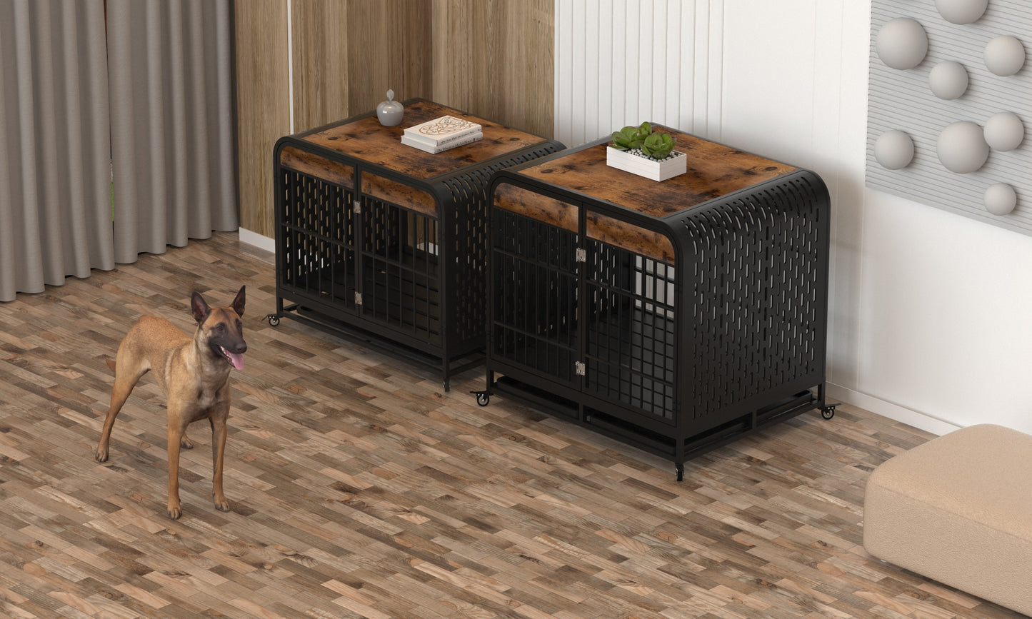 Heavy Duty Dog Crate Furniture Wooden Table Pet Dog Cage Kennel House Indoor Side End Table Decor with Removable Trays and Lockable Wheels for Medium and Large Dogs 42" Brown