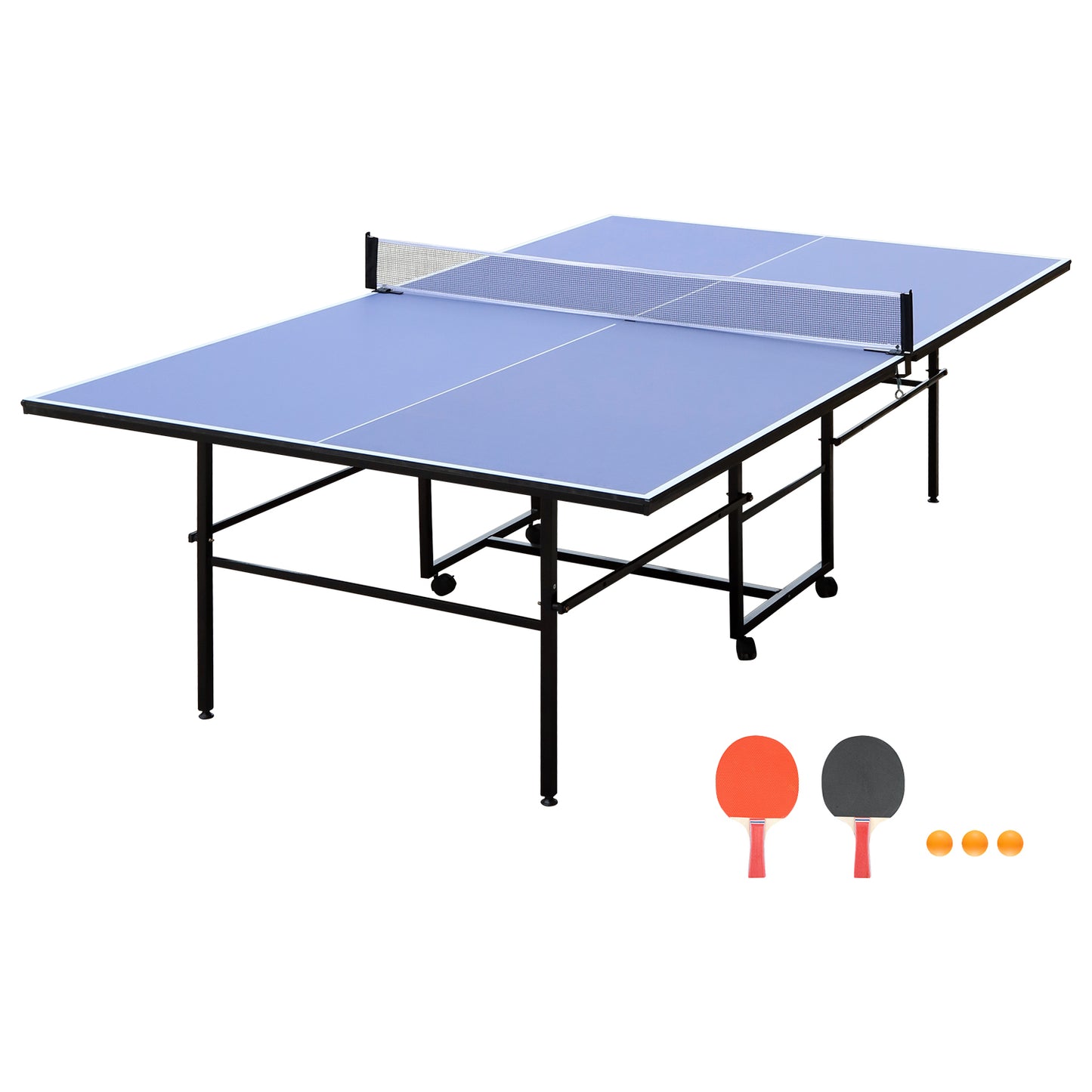 9ft Mid-Size Table Tennis Table Foldable & Portable Ping Pong Table Set for Indoor Games with Net, 2 Table Tennis Paddles and 3 Balls