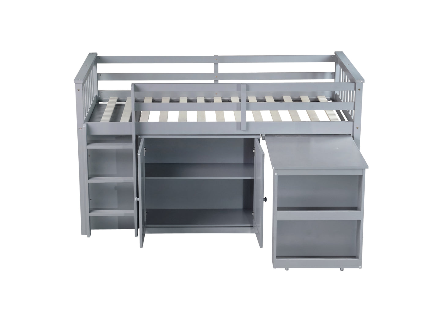 Twin Loft Bed with Storage Cabinet, Drawer and Shelf Cabinet and Pulling-Out Desk, Rubber Wood Loft Bed with Safety Guardrail, Ladder,Grey