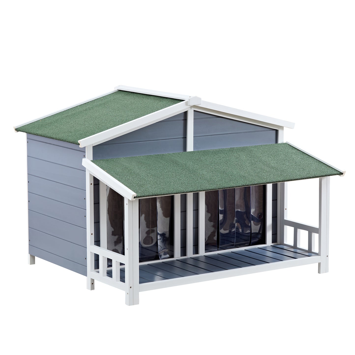 Dog House, Waterproof Dog Cage Kennel, Wooden Outdoor and Indoor Dog House, Log Cabin Style with Porch,Elevated Floor, 2 Doors, Pine Wood Blue+Green