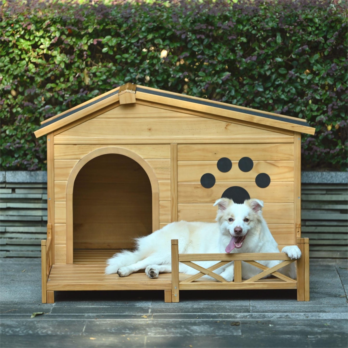 48" Wooden Dog House Outdoor with Porch, Dog Kennel with Water-Resistant Asphalt Roof and Fencing,Indoor & Outdoor Dog Crate with Paw Print, Medium, Nature