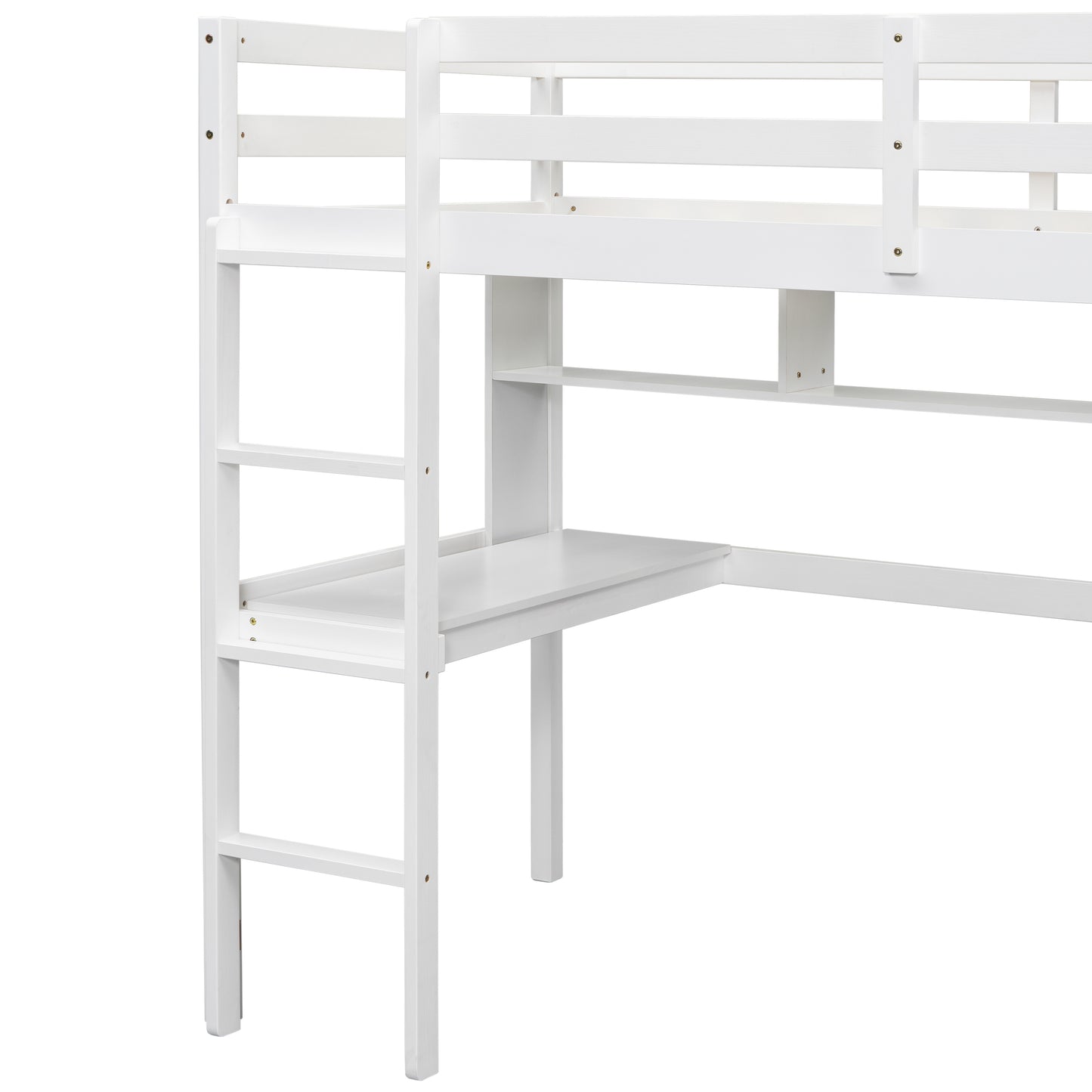 Twin Size Loft Bed with desk and shelves, Safety Guardrail and ladder,White