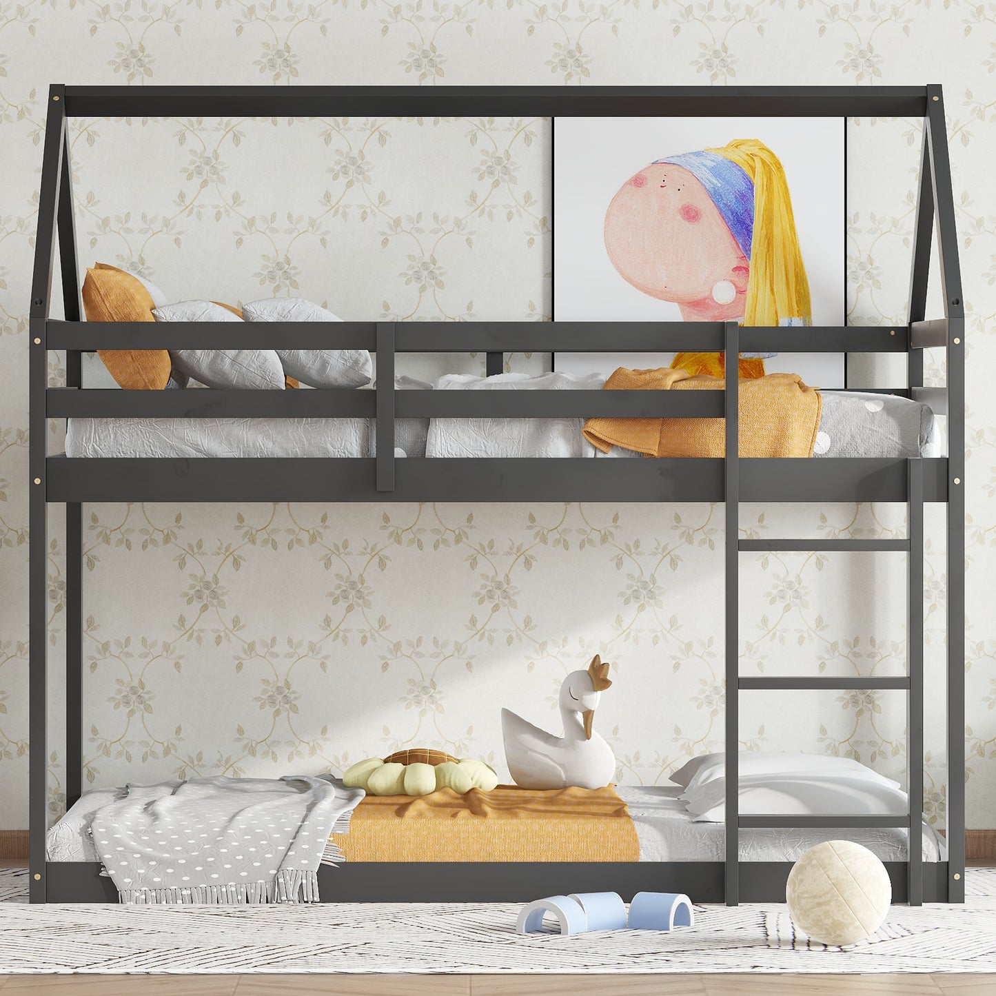 Twin over Twin Rubber Wood Floor Bunk Bed, with ladder,Guardrails,House-Shaped-Bunk Bed, Black