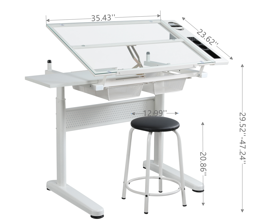 hand crank adjustable drafting table drawing desk with 2 metal drawers (white)WITH STOOL