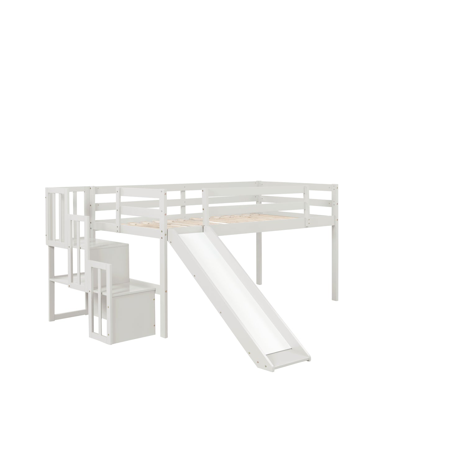 Loft Bed with Staircase, Storage, Slide, Twin size, Full-length Safety Guardrails, No Box Spring Needed, White (Old Sku:W504S00004)