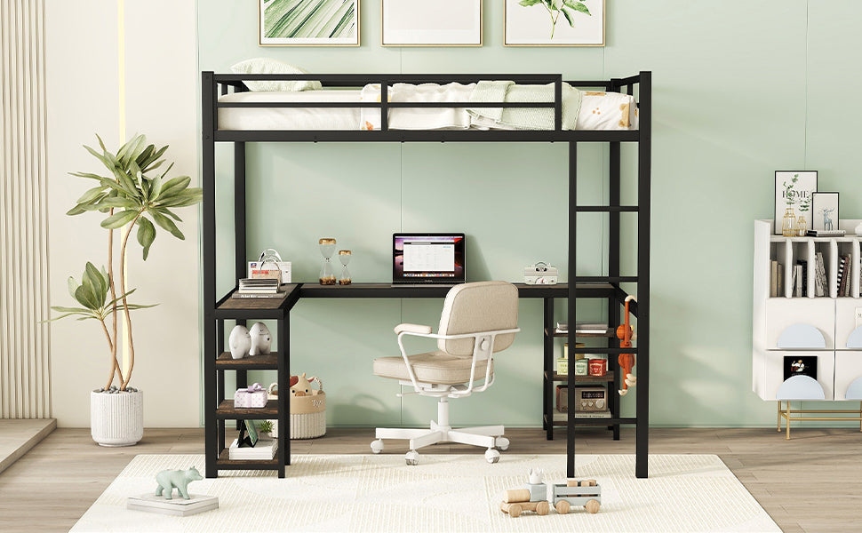 Full Metal Loft Bed with Desk and Shelves, Loft Bed with Ladder and Guardrails, Loft Bed Frame for Bedroom, Black (Old SKU: W1307S00018)