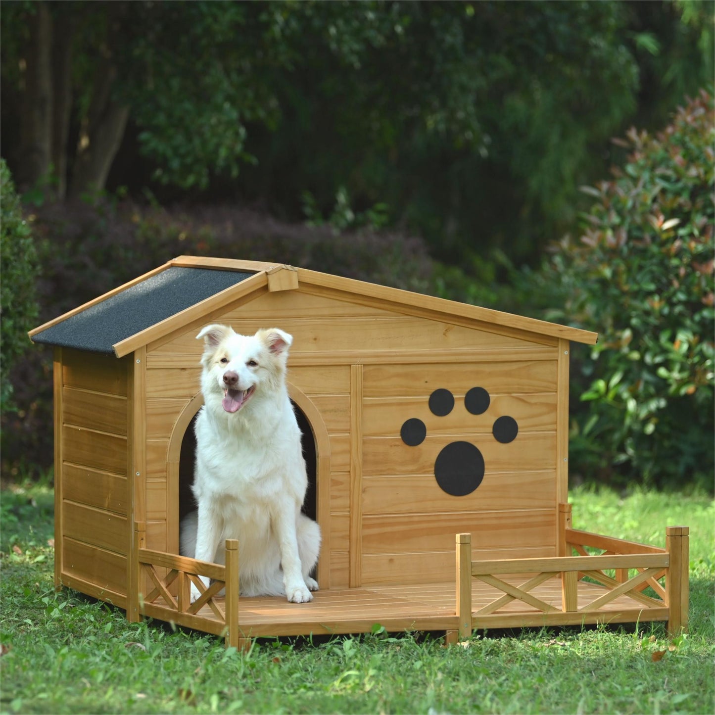 48" Wooden Dog House Outdoor with Porch, Dog Kennel with Water-Resistant Asphalt Roof and Fencing,Indoor & Outdoor Dog Crate with Paw Print, Medium, Nature