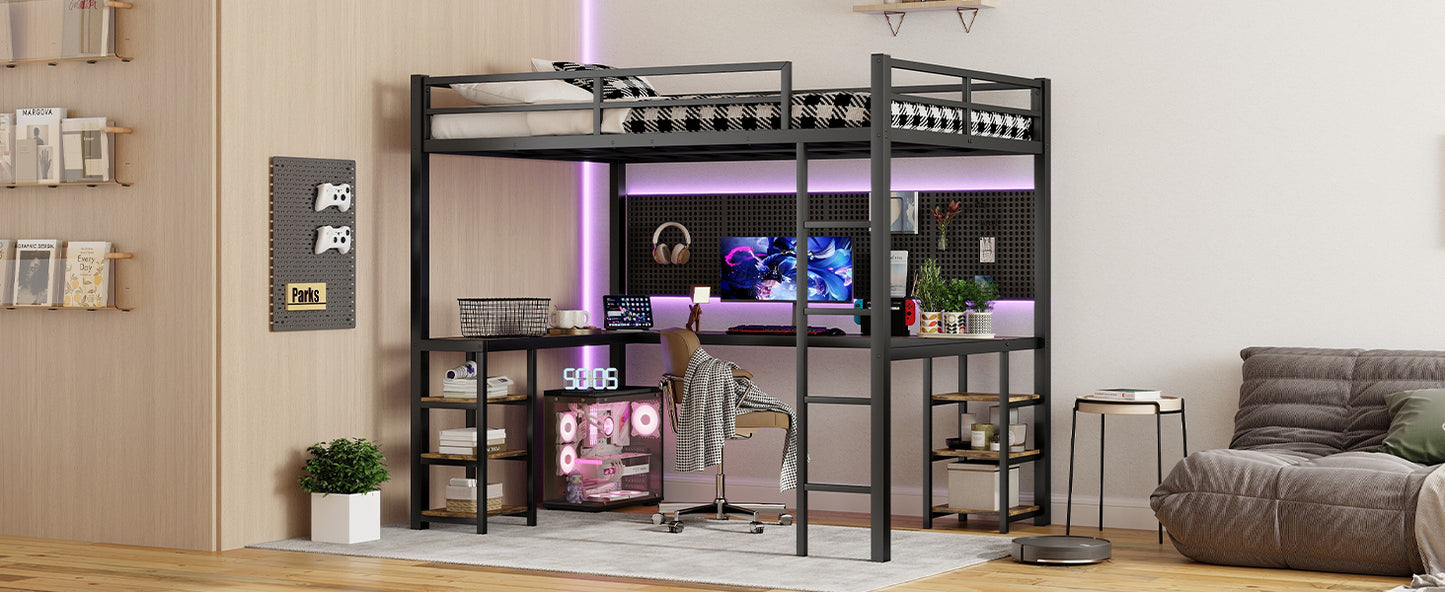 Full XL Metal Loft Bed with Desk and Shelves, Loft Bed with Ladder and Guardrails, Loft Bed Frame for Bedroom, Black