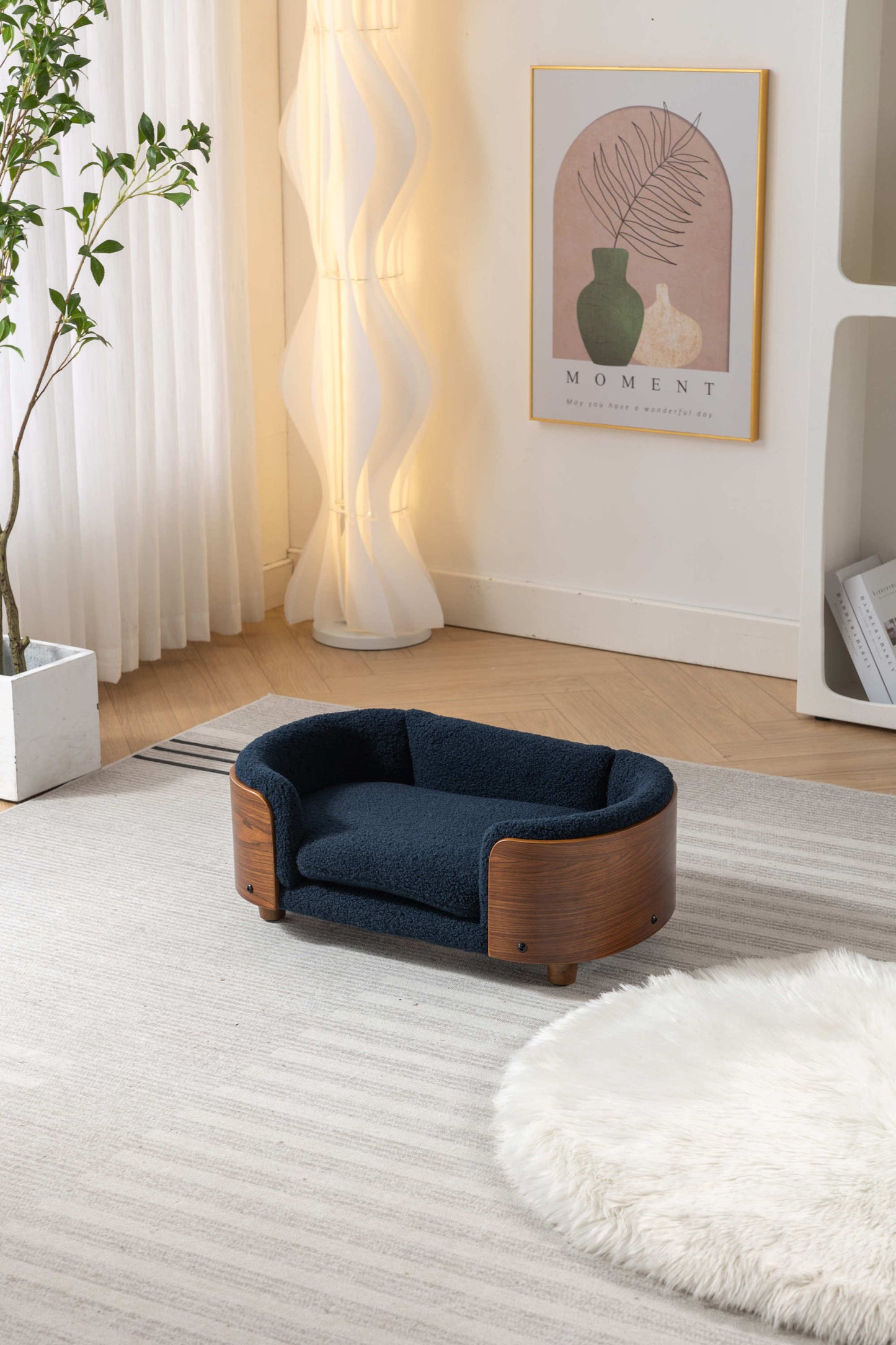 Scandinavian style Elevated Dog Bed Pet Sofa With Solid Wood legs and Walnut Bent Wood Back,  Cashmere Cushion,Small Size