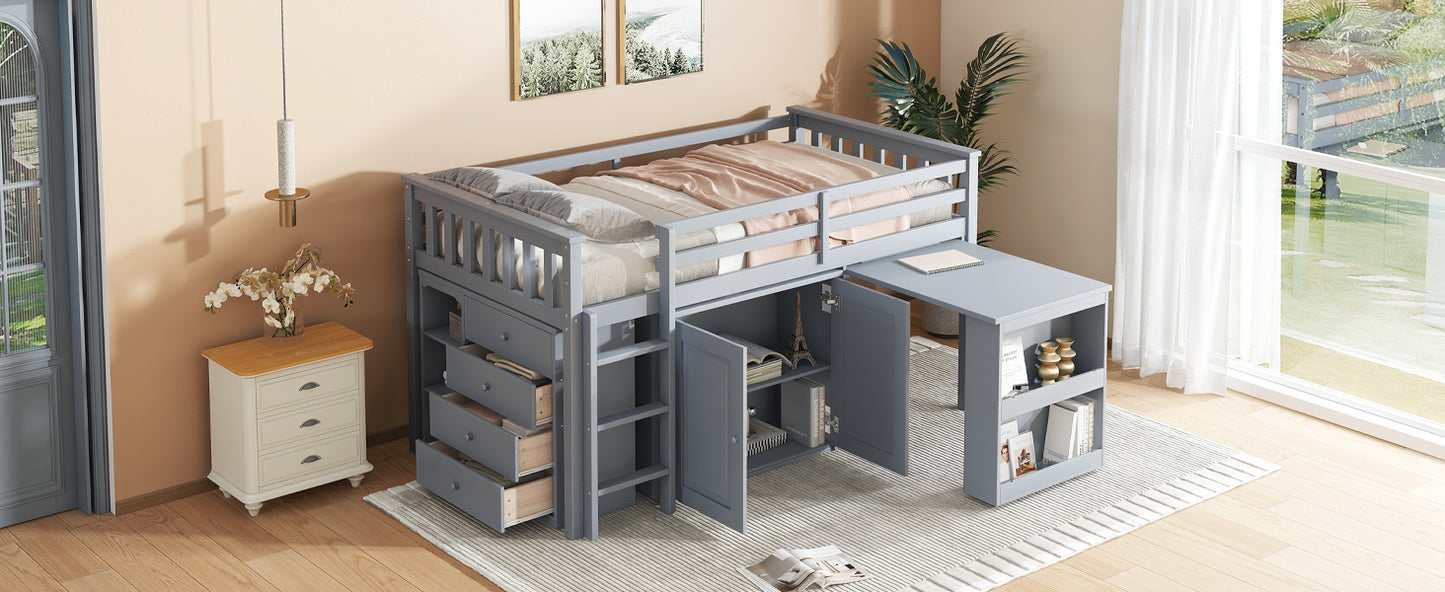 Twin Loft Bed with Storage Cabinet, Drawer and Shelf Cabinet and Pulling-Out Desk, Rubber Wood Loft Bed with Safety Guardrail, Ladder,Grey