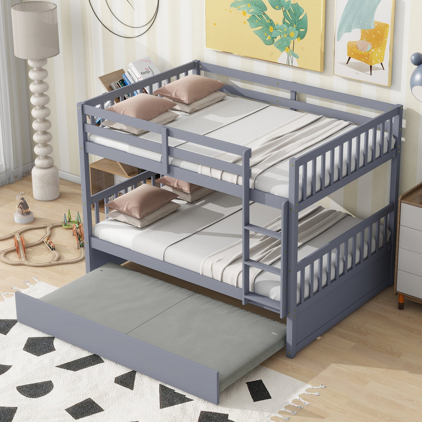 Full Over Full Rubber Wood Bunk Bed with Trundle, Ladder and Guardrails, Convertible to 2 Full Size Beds, with Twin Size Trundle ,Grey(Old Sku:W504S00250)