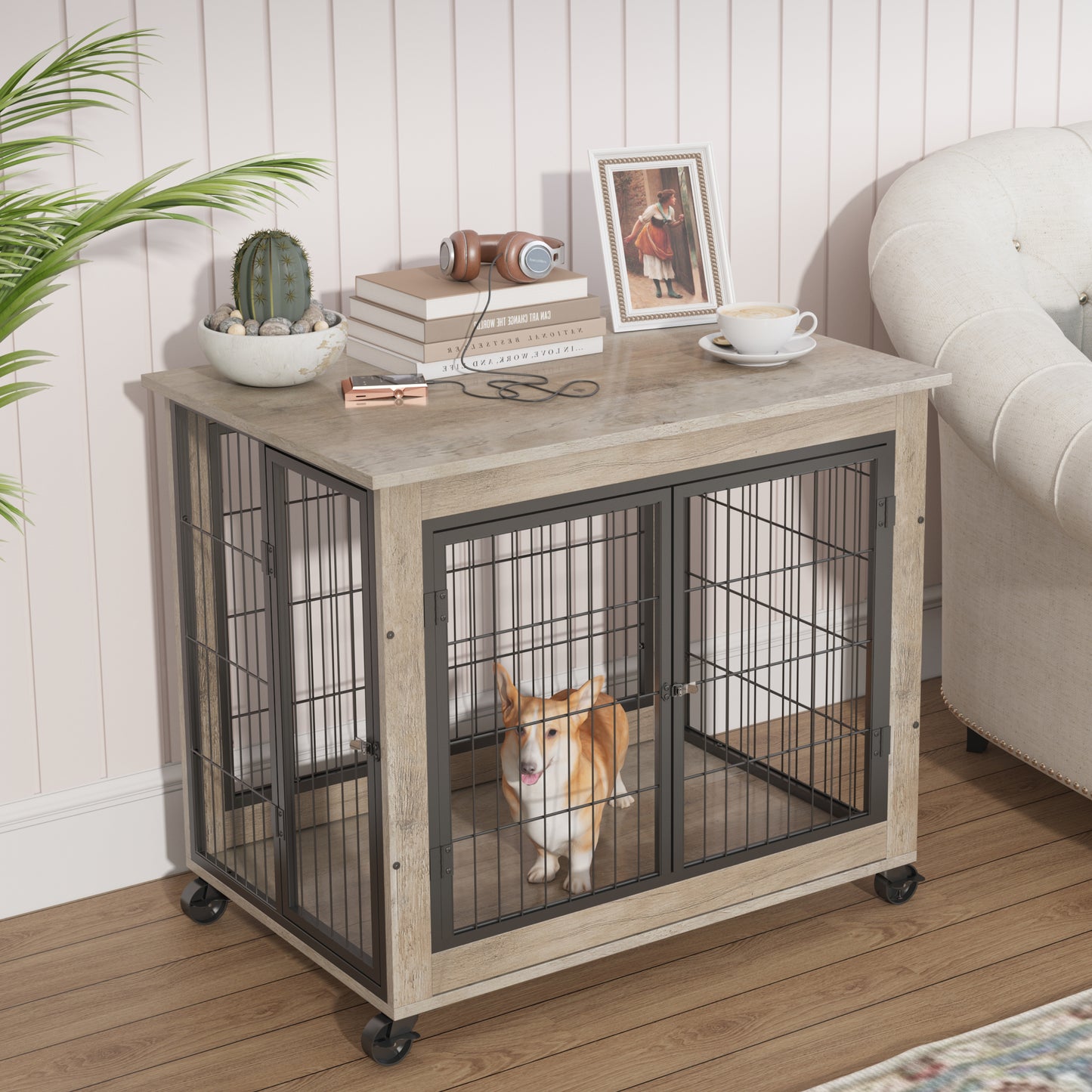 Furniture Dog Cage Crate with Double Doors on Casters. Grey, 31.50'' W x 22.05'' D x 24.8'' H.