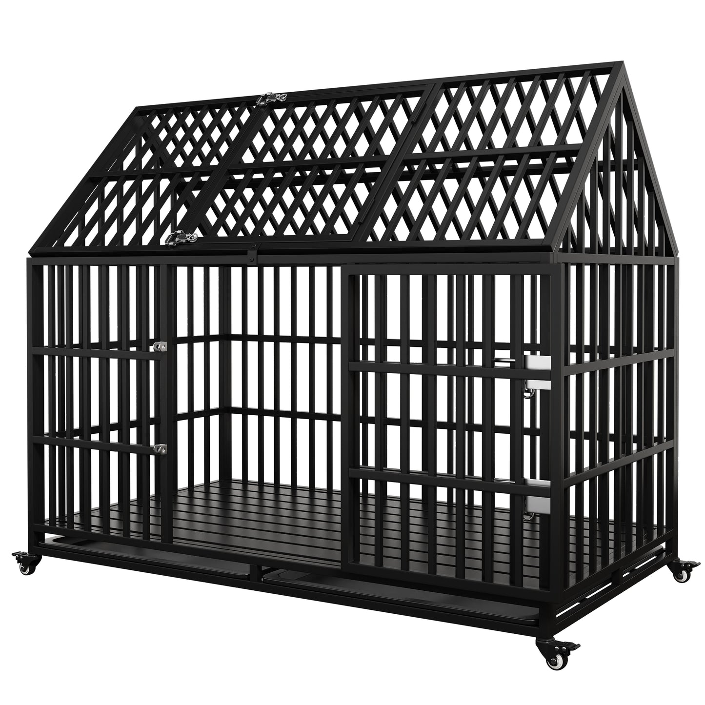 54" Heavy Duty Dog Crate Large Dog cage Strong Metal Dog Kennels and Crates for Large Dogs Top Open with 2 Doors 4 Lockable Wheels 2 Removable Trays