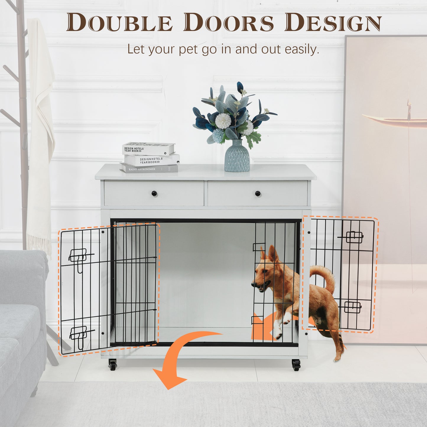 Dog Crate Furniture, Wooden Dog Crate End Table, 38.4 Inch Dog Kennel with 2 Drawers Storage, Heavy Duty Dog Crate, Decorative Pet Crate Dog Cage for Large Indoor Use (White) 38.4" L×23.2" W×35" H