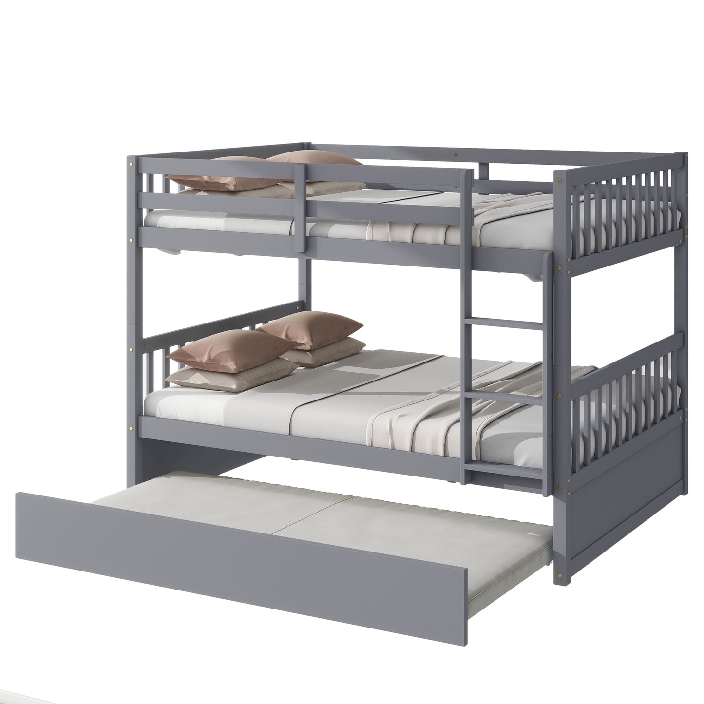 Full Over Full Rubber Wood Bunk Bed with Trundle, Ladder and Guardrails, Convertible to 2 Full Size Beds, with Twin Size Trundle ,Grey(Old Sku:W504S00250)