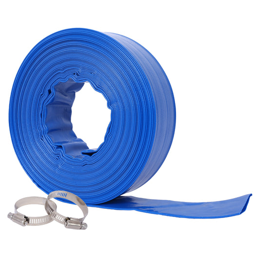 2'x100FT  Pool Backwash Hose, Blue Heavy Duty Reinforced PVC Lay Flat Water Discharge Hose for Swimming Pool Filter Pump,with 2 Clamp