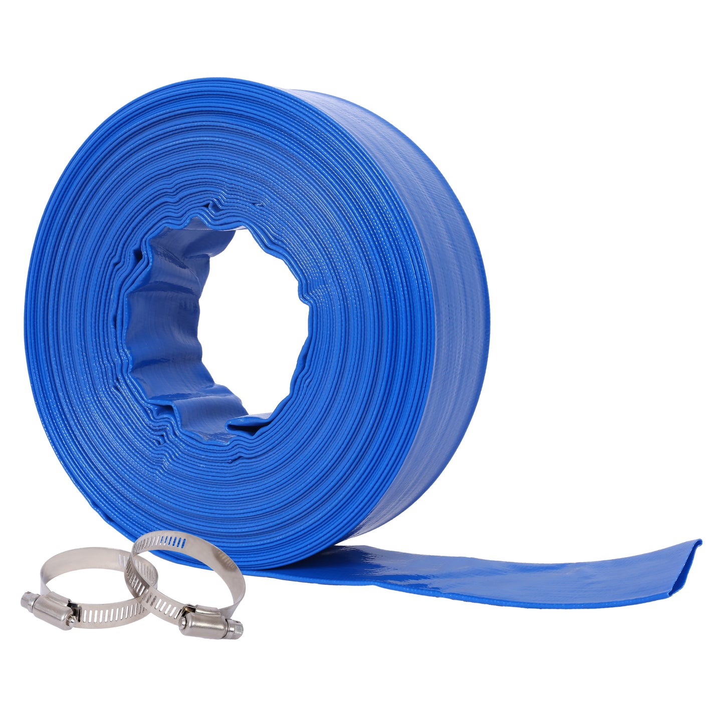 1-1/2'(Flat 2.6') widthx 100 FT Pool Backwash Hose, Blue Heavy Duty Reinforced PVC Lay Flat Water Discharge Hose for Swimming Pool Filter Pump,with 2 Clamp