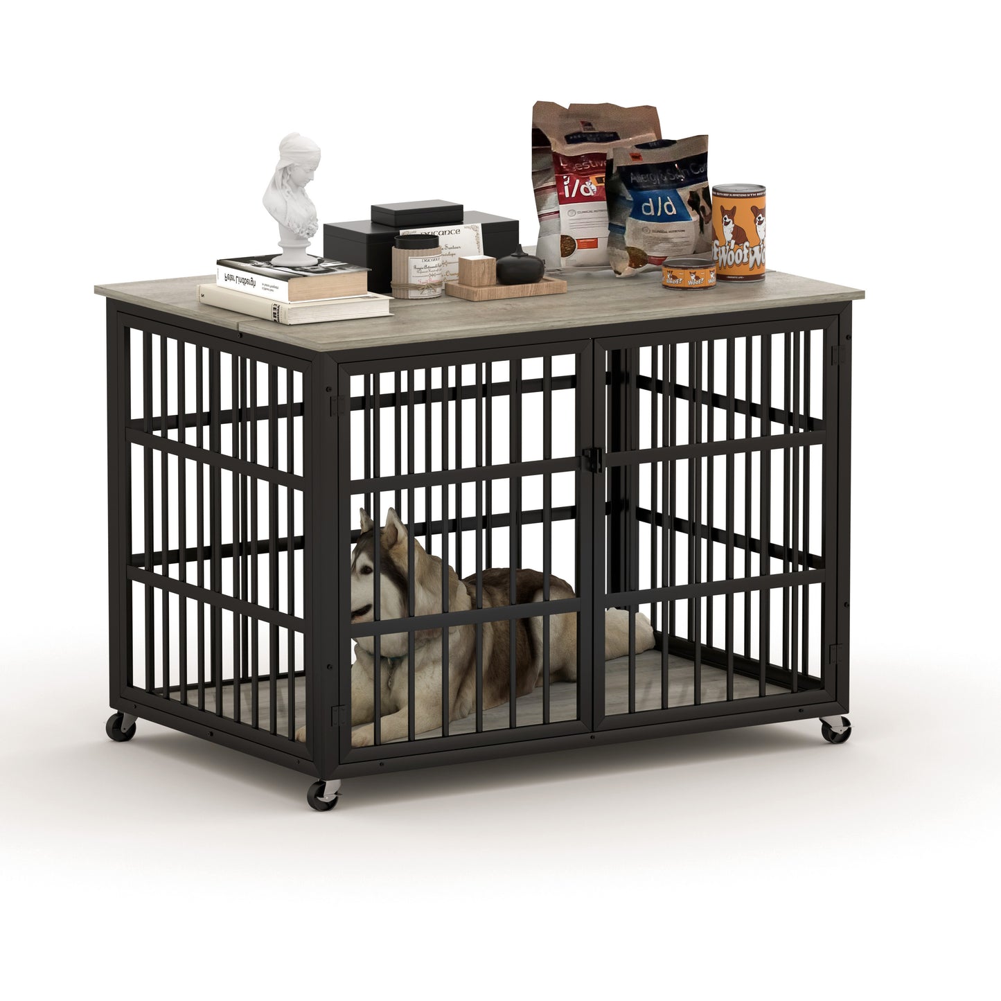 Furniture style dog crate wrought iron frame door with side openings, Grey, 43.3''W x 29.9''D x 33.5''H.