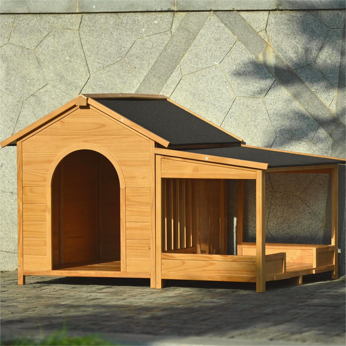 60.2" Large Wooden Dog House with Porch, Cabin Style Dog Crate with Asphalt Roof and Elevated Floor, Dog Kennel with Side Window and Doors, Perfect for Medium & Large Dogs, Nature