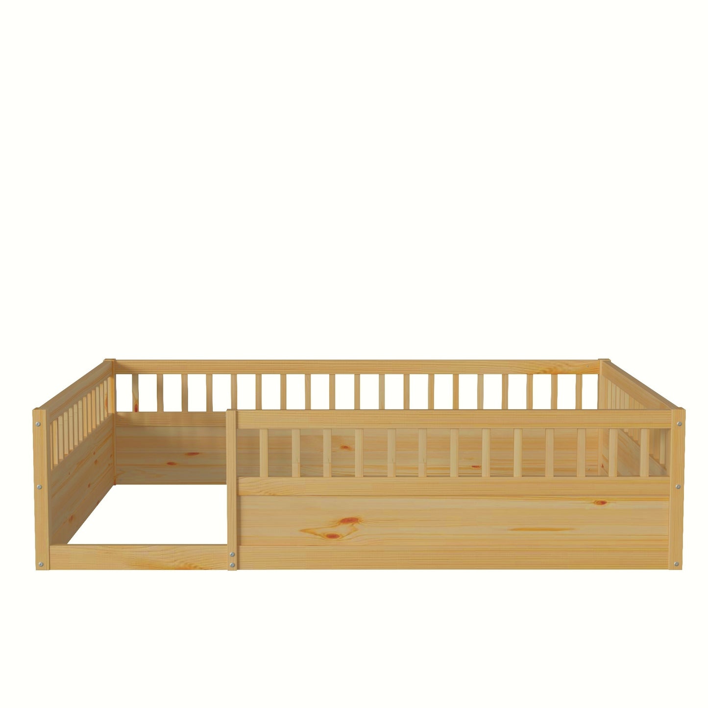 Full Floor Bed Frame with Fence, Wood Kids Floor Beds Frame for Bedroom Playroom,Natural(Expect arrive date Jul. 10th)