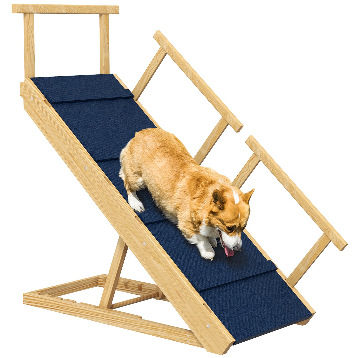 PawHut Dog Ramp, Adjustable 4 Height Pet Ramp, Foldable Wooden Dog Stairs with Non-slip Mat for Small to Large Dogs to Get on High Bed or Sofa Couch, Natural Wood Finish