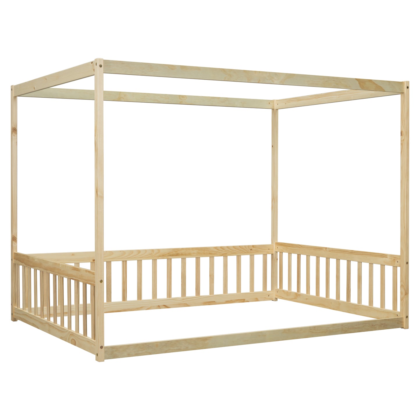 Full Size Canopy Frame Floor Bed with Fence, Guardrails,Natural