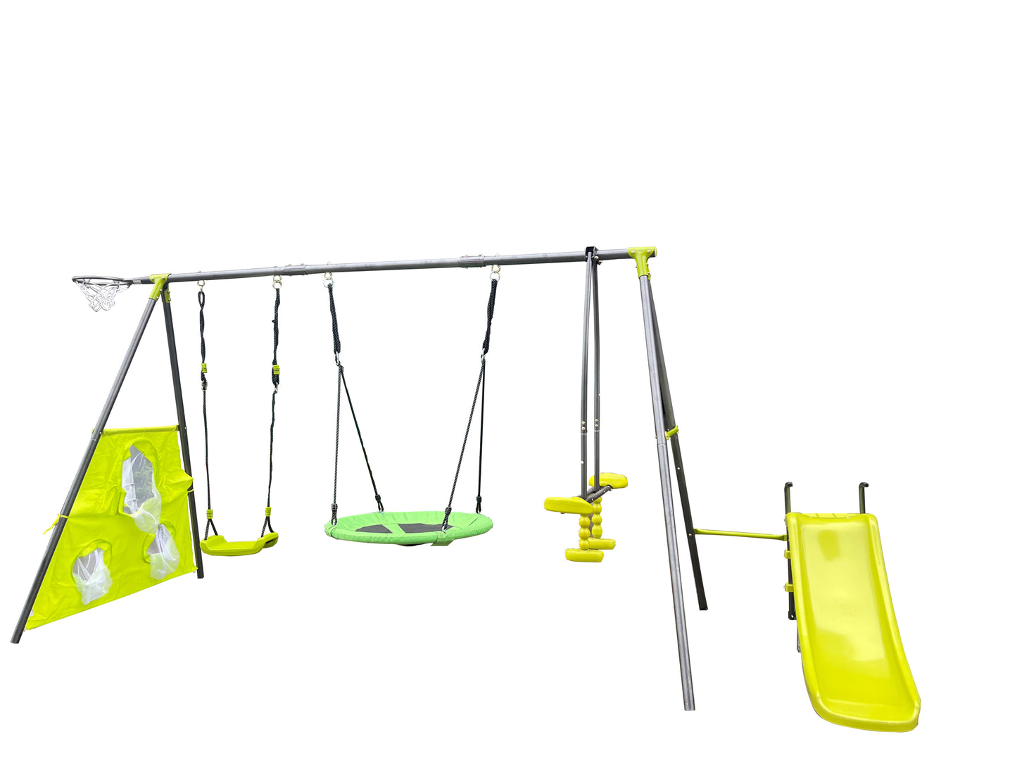 XNS052 green and blue interesting six function swingset with net swing metal plastic safe swing set 440lbs for outdoor playground for age 3+ with 31.5in net swing