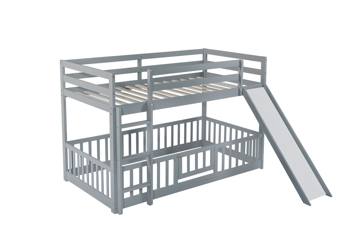 Twin Over Twin Floor Bunk Bed with Slide, Ladder, Door, Safety Guardrails, Solid Pine Wood Bunk Bed ,Grey