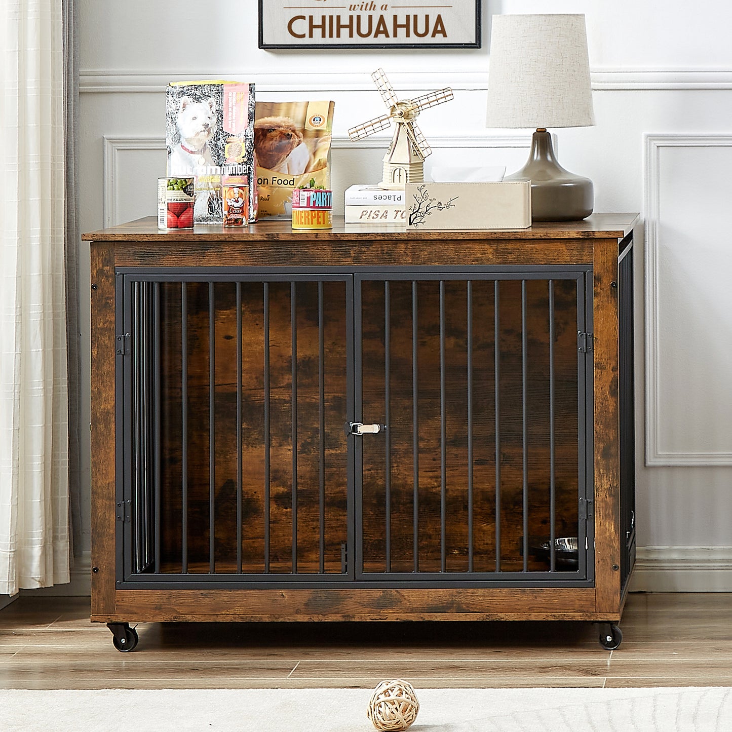 Furniture Style Dog Crate Side Table With Rotatable Feeding Bowl, Wheels, Three Doors, Flip-Up Top Opening. Indoor, Rustic Brown, 43.7"W x 30"D x 33.7"H