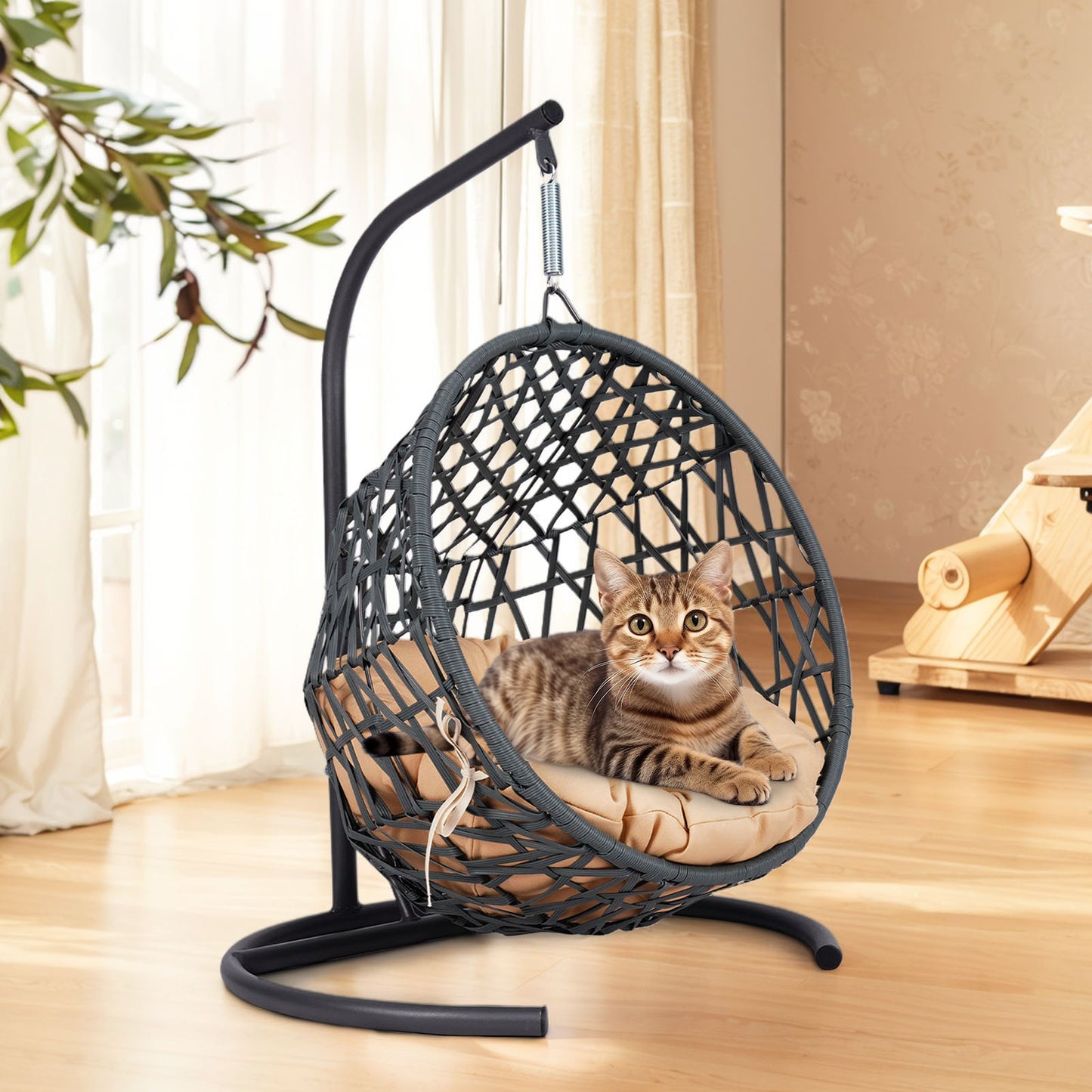 Cat Swing Bed with Stand & Cushion, Cat Egg Chair with Rattan Wicker Appearance, Indoor Hanging Swinging Cat Bed for Cats, Small Dogs, and Small Animals,Yellow