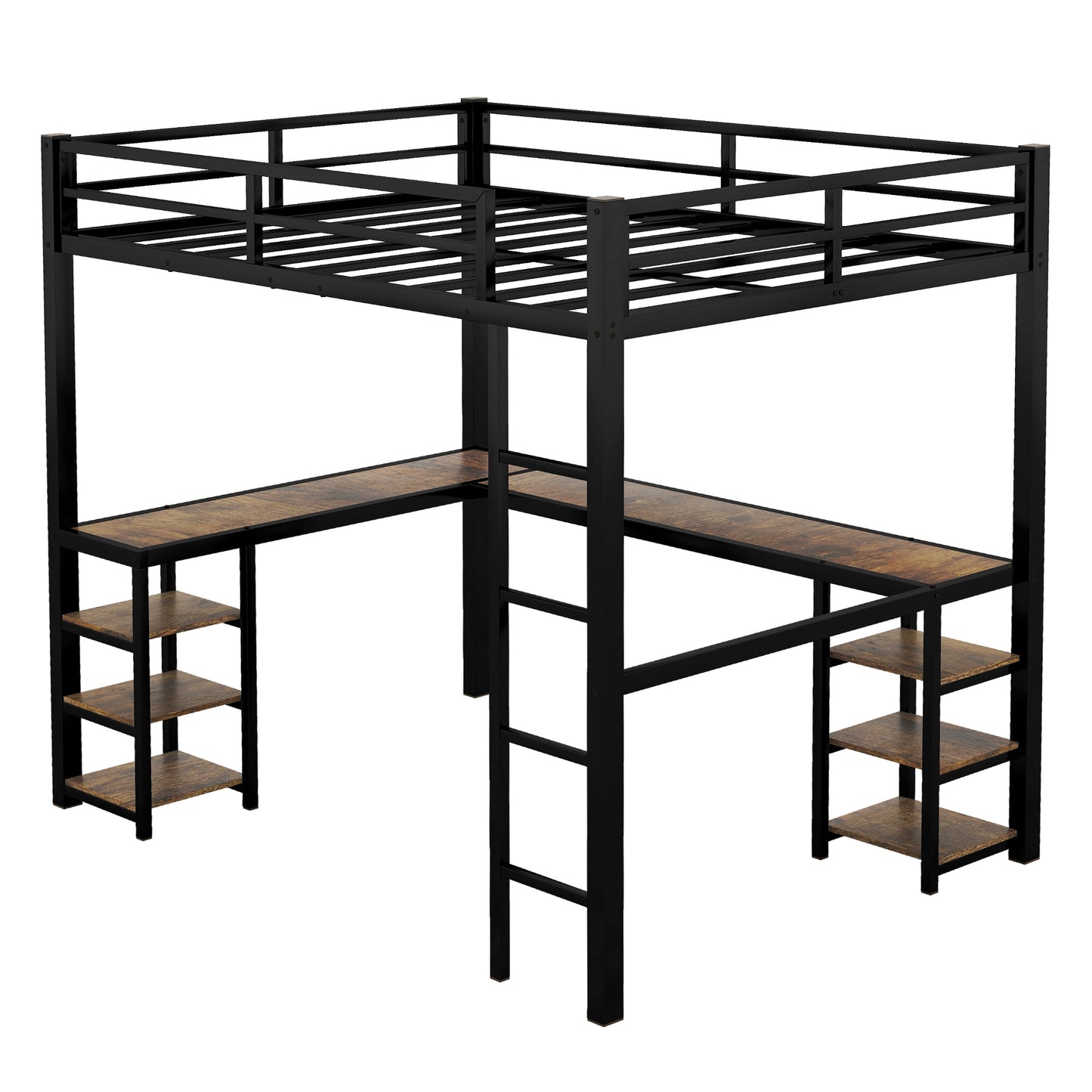 Full XL Metal Loft Bed with Desk and Shelves, Loft Bed with Ladder and Guardrails, Loft Bed Frame for Bedroom, Black